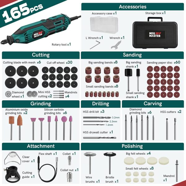 Kit de herramientas rotativas de 180 W, herramientas rotativas eléctricas con cable NEU MASTER con 165 accesorios y 6 velocidades variables, juego de taladro eléctrico de 1000-35000RPM para proyectos de manualidades hechos a mano y creaciones de bricolaje - Imagen 6