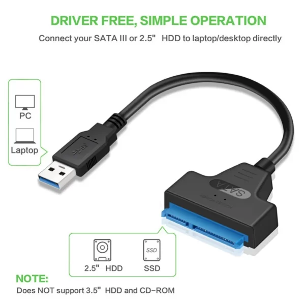 Adaptador de Cable de supervelocidad SATA a USB 3,0/2,0, hasta 6Gbps, compatible con disco duro externo SSD HDD de 2,5 pulgadas, 22 Pines, Sata III, A25 - Imagen 3